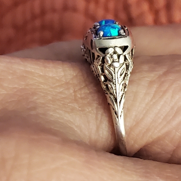 Art deco style trio blue opal sterling silver ring - Picture 3 of 6